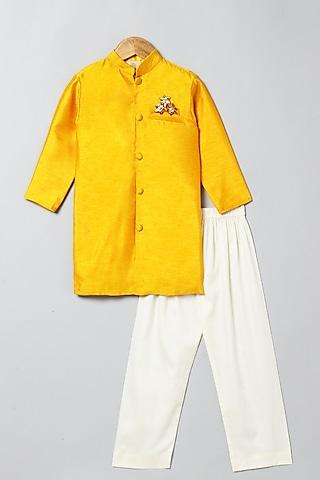 yellow matka silk gota embroidered kurta set for boys