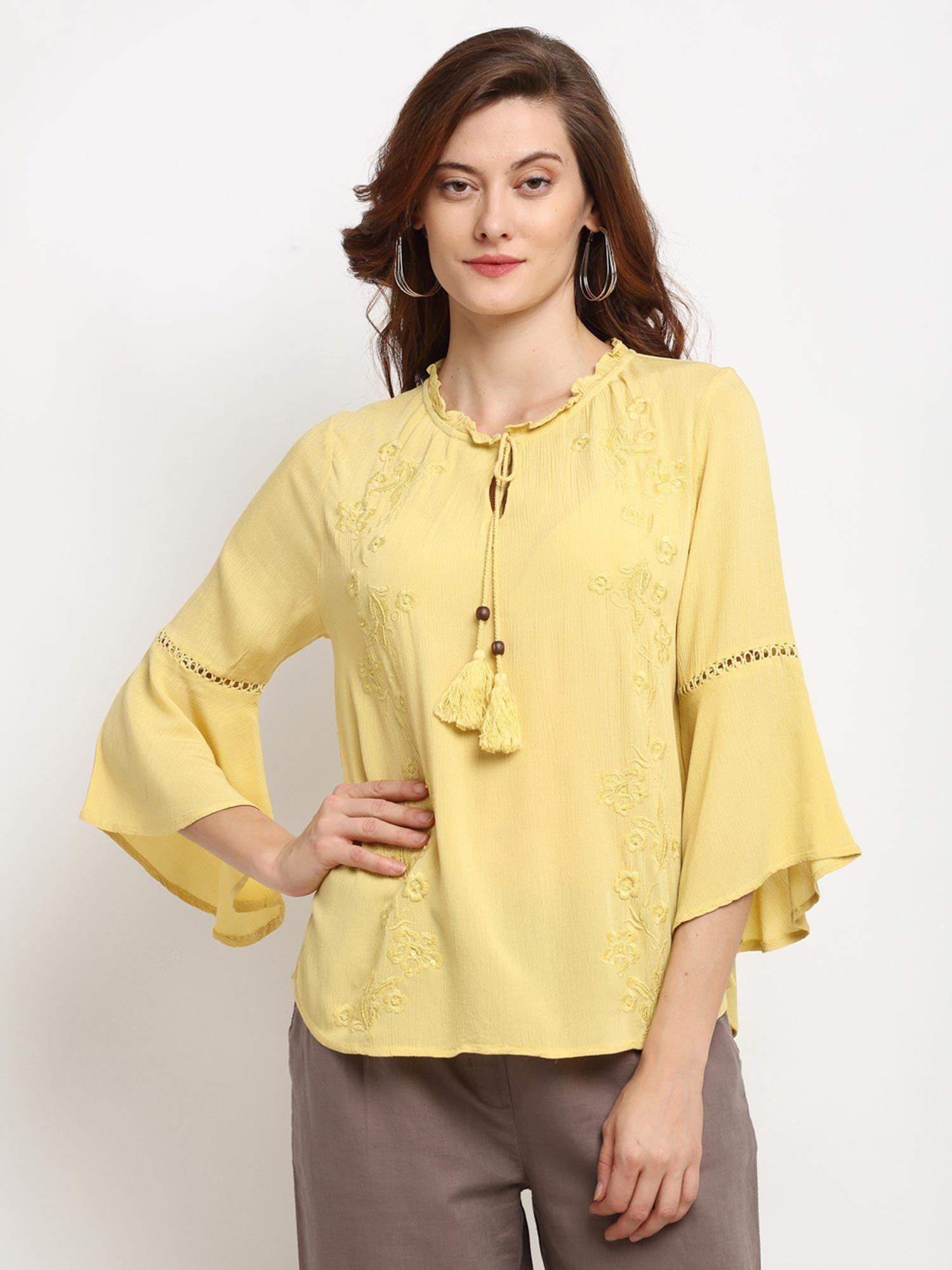 yellow medium length tie - up rayon crepe tunic