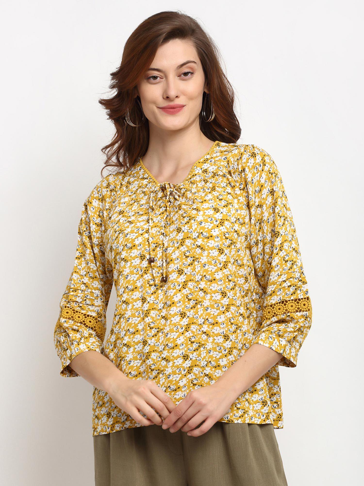 yellow medium length tie - up rayon tunic