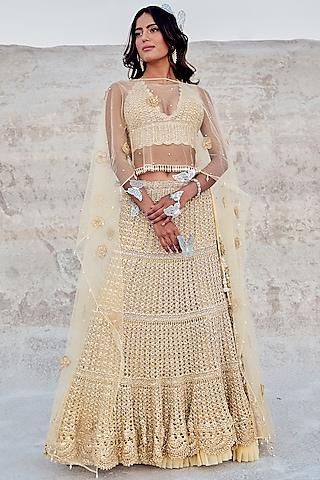 yellow mesh & net lehenga set