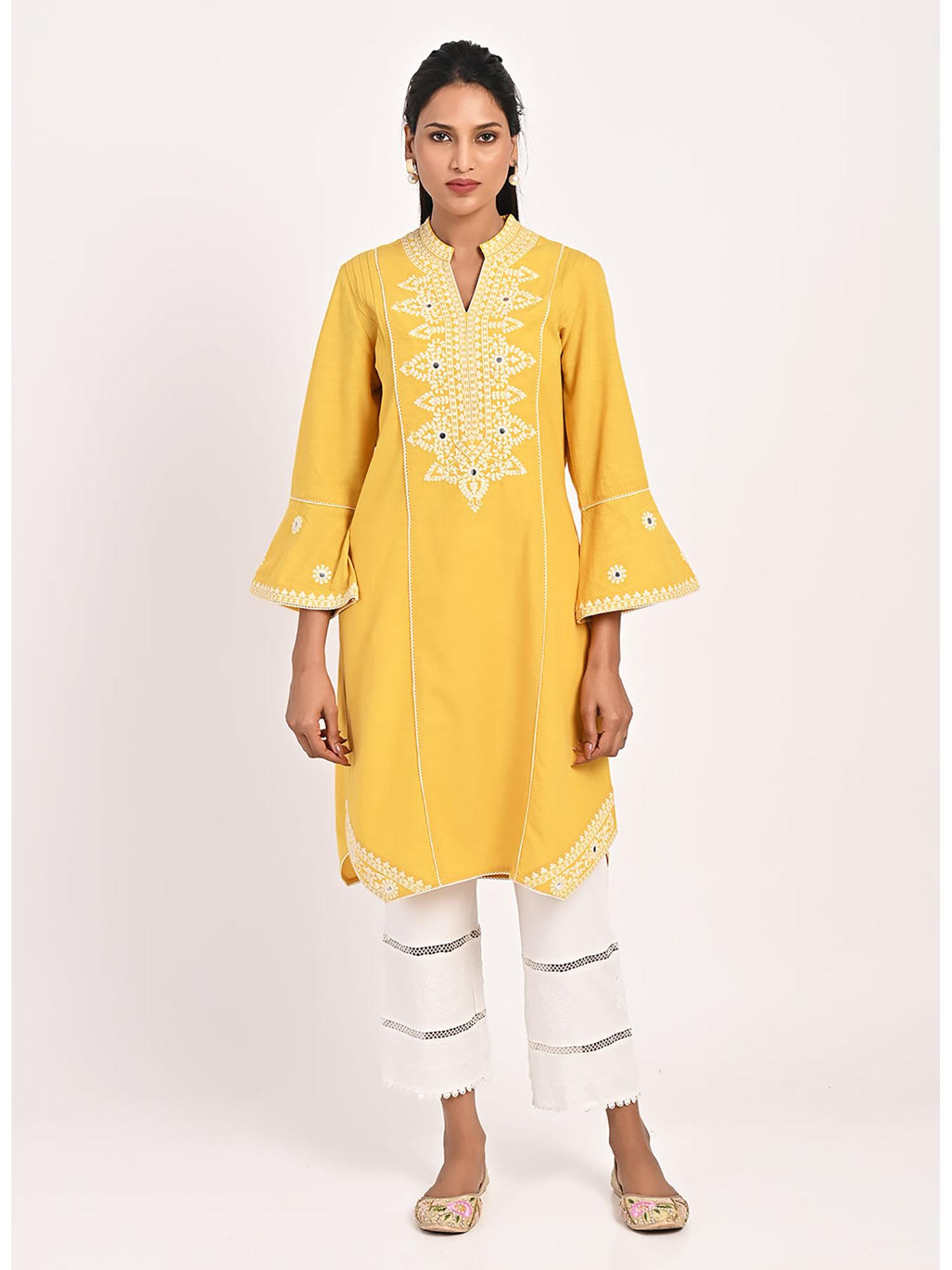 yellow mid-length cotton kurti for women with embroidery