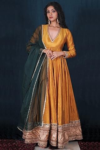 yellow milan taffeta silk anarkali set