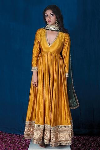 yellow milan taffeta silk anarkali set