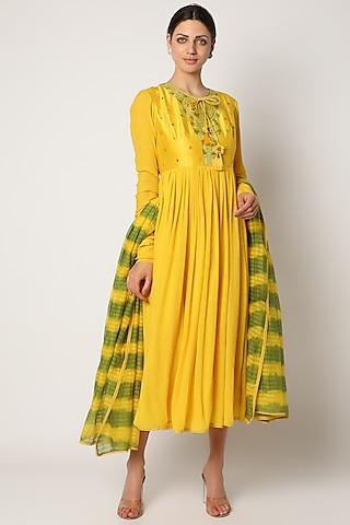 yellow mirror embroidered anarkali set