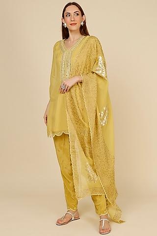 yellow mirror embroidered kurta set