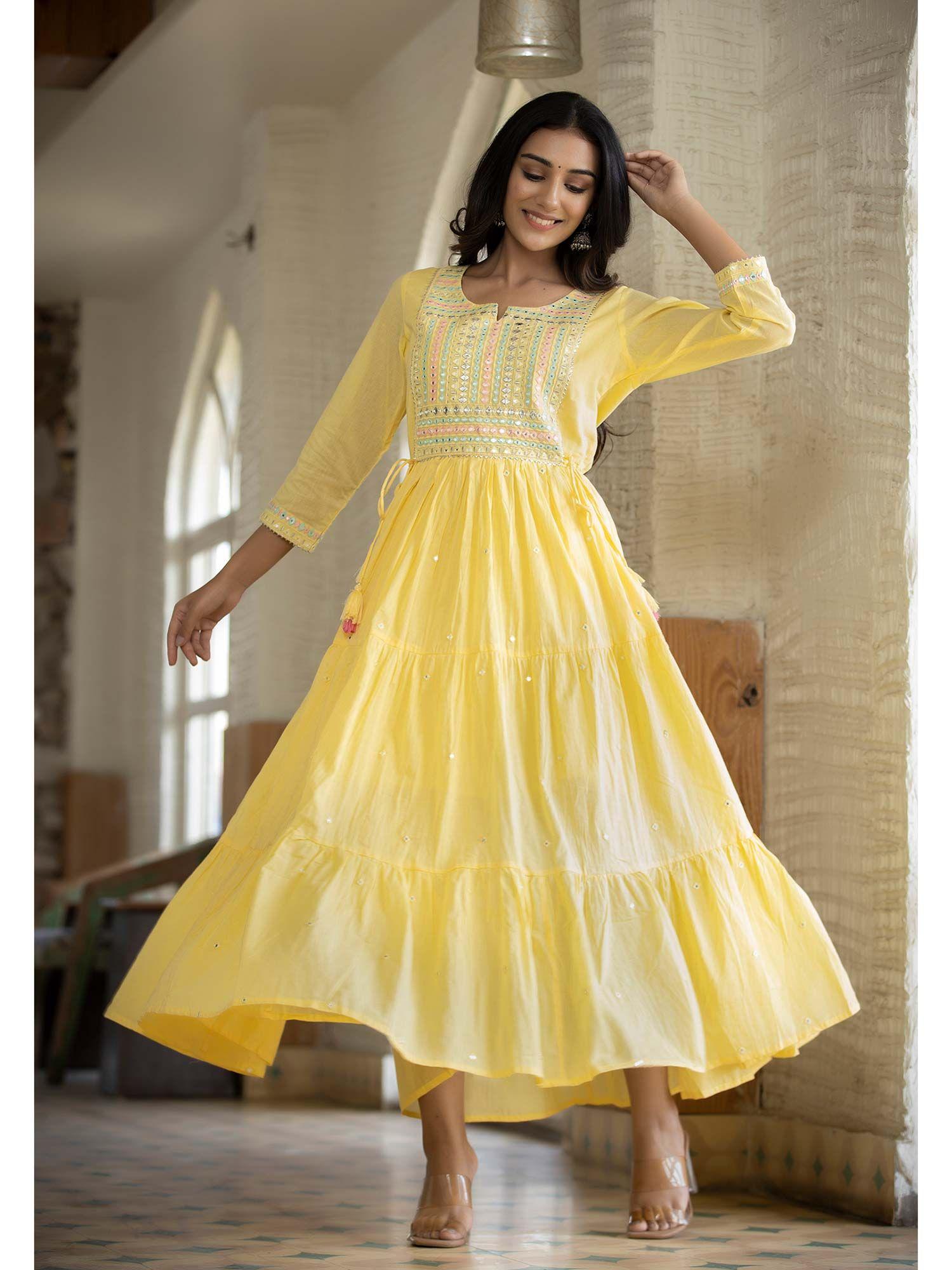 yellow mirror embroidered long flared gown