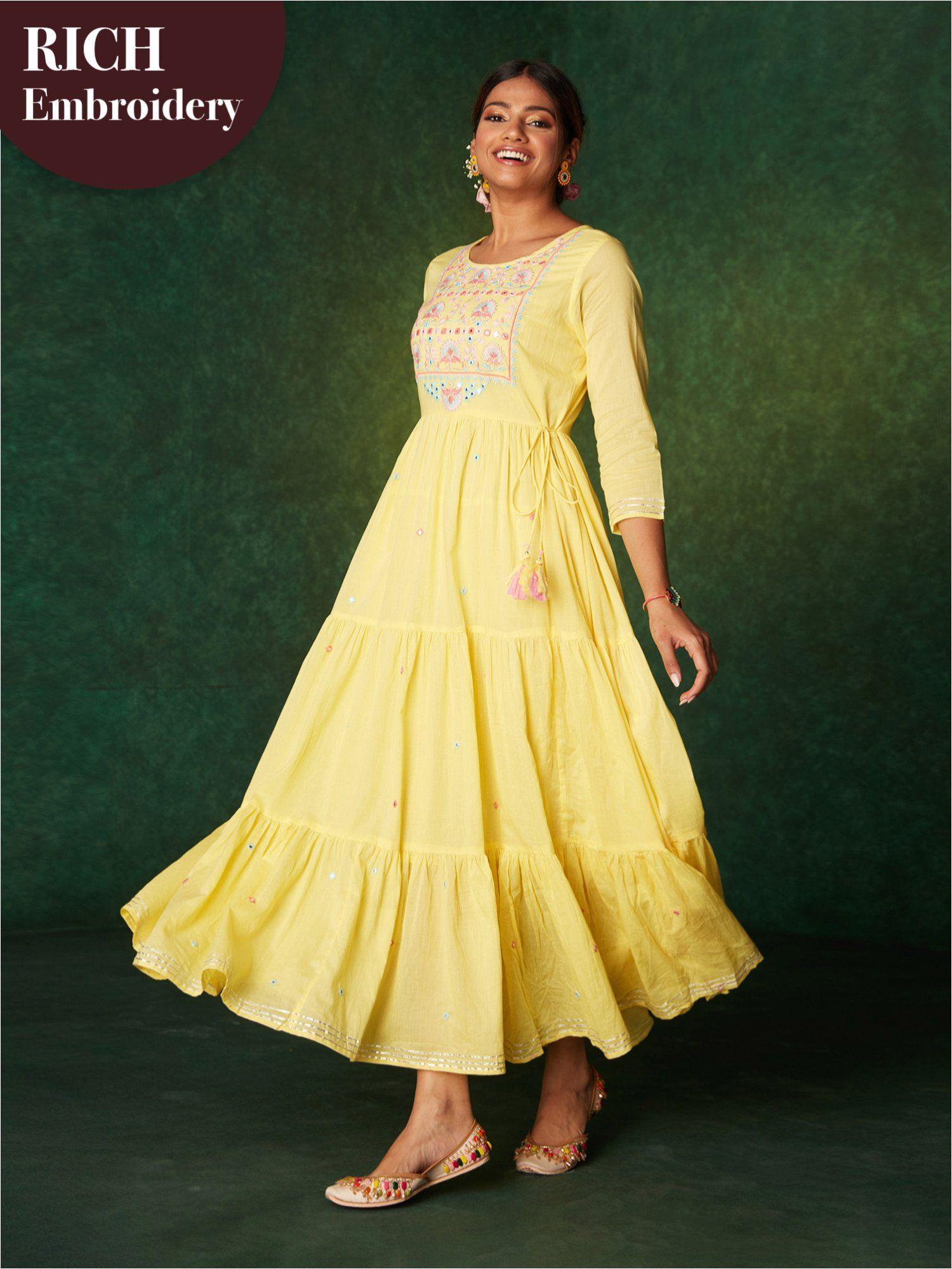 yellow mirror embroidered tiered dress likdrs35