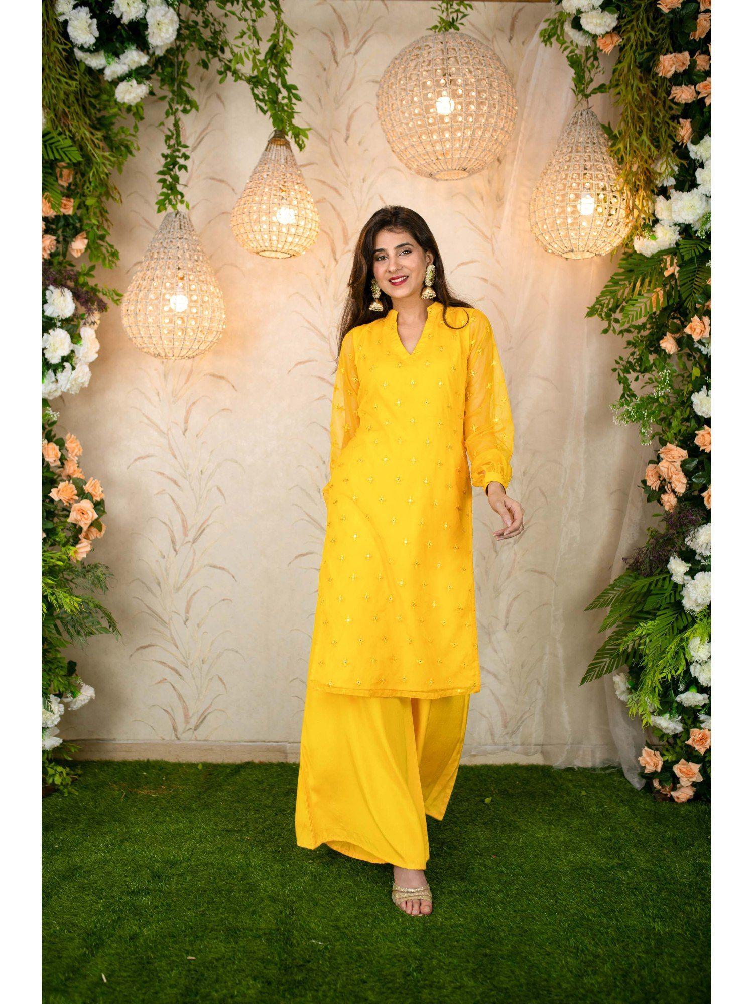 yellow mirror work organza kurta with palazzo (set of 2)