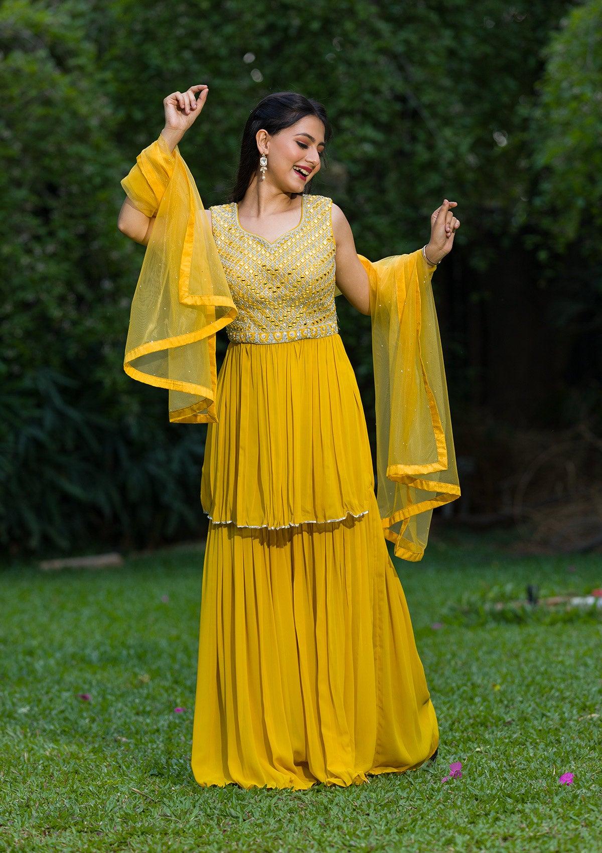 yellow mirrorwork georgette readymade sharara suit