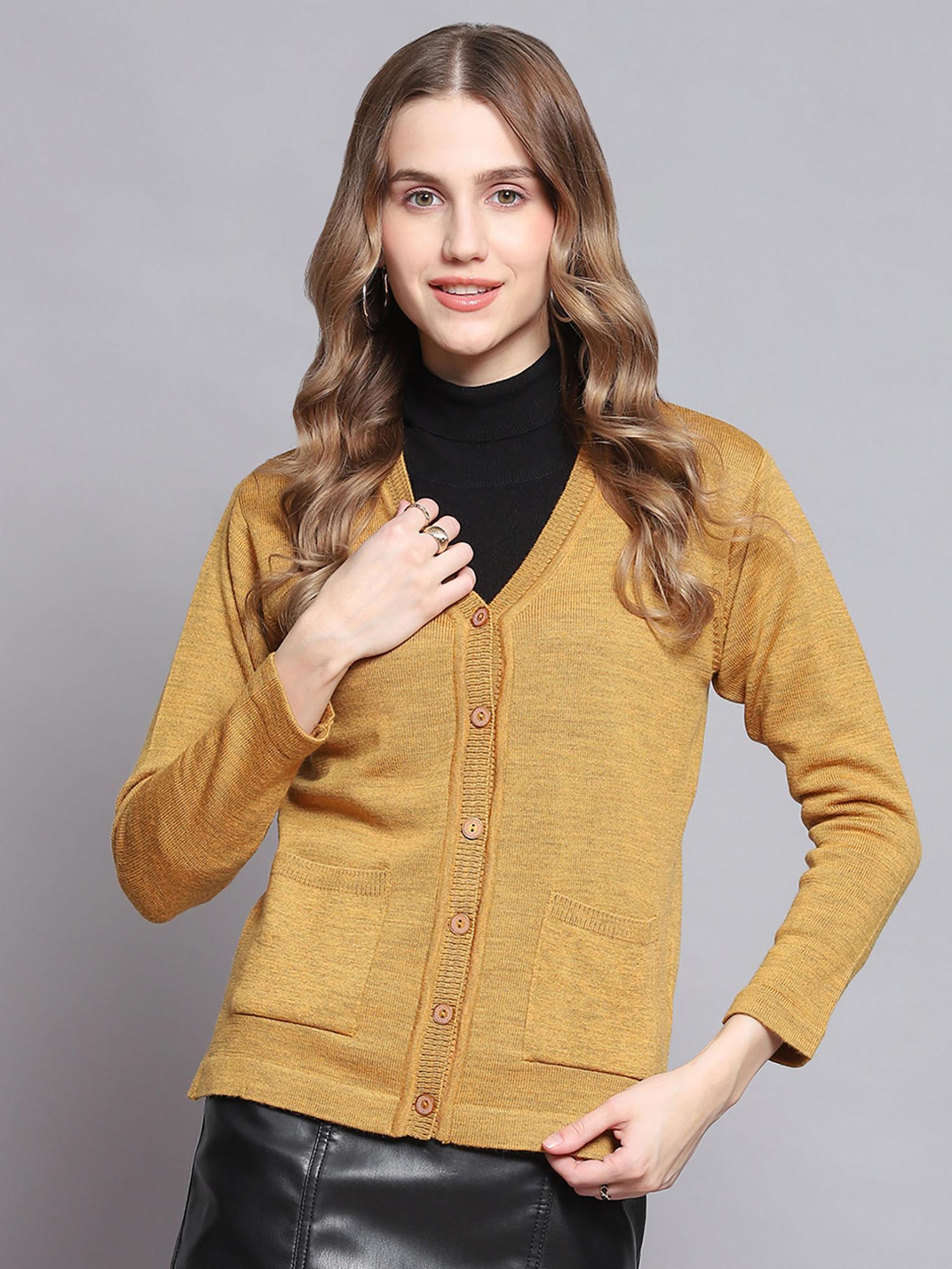 yellow mix solid v neck cardigan