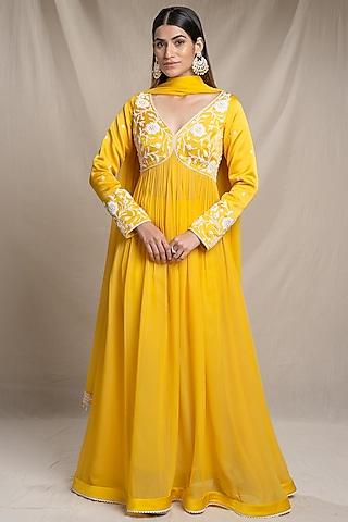 yellow modal & georgette embroidered anarkali set