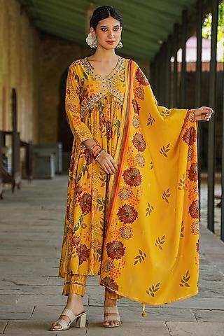 yellow modal chanderi floral printed kurta set