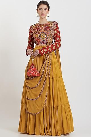 yellow modal jaal printed & sequins embroidered tiered skirt saree set