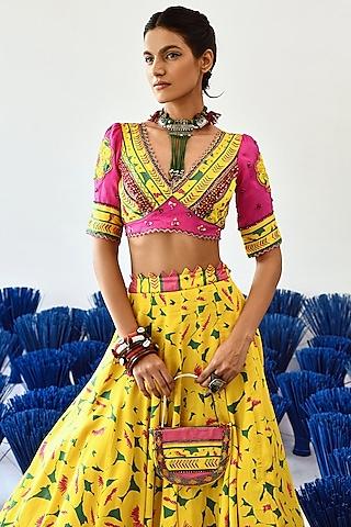 yellow modal satin embroidered blouse