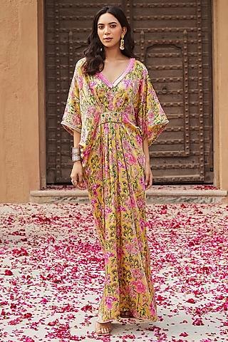 yellow modal satin handblock printed & embroidered kaftan dress