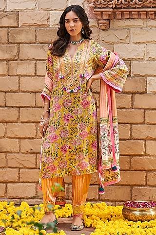 yellow modal satin handblock printed kurta set