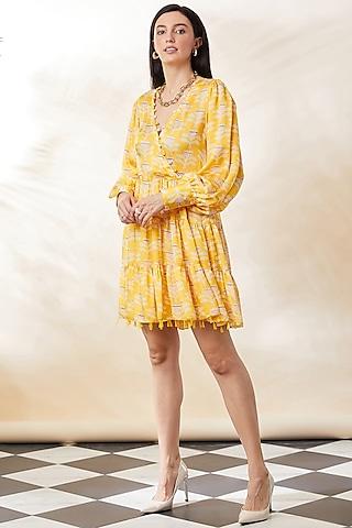 yellow modal satin printed mini dress