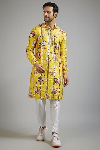 yellow modal silk digital printed & mirror embroidered hoodie kurta set