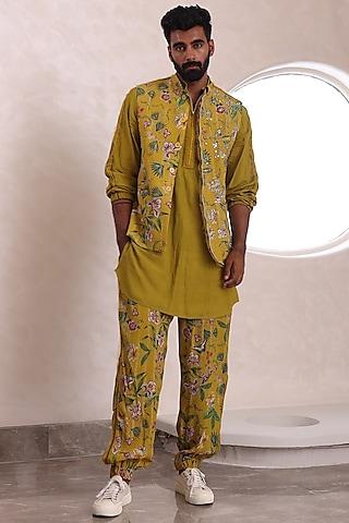 yellow moss crepe printed bundi jacket