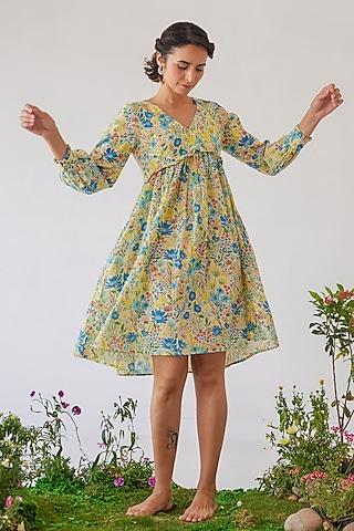 yellow moss floral printed knee-length dress