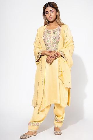 yellow moss satin embroidered kurta set