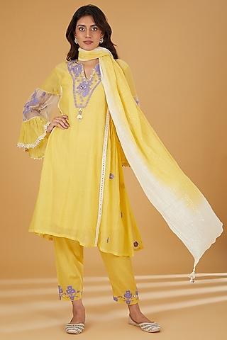 yellow mul chanderi embroidered kurta set