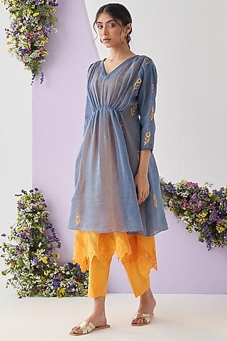 yellow mul chanderi embroidered kurta set