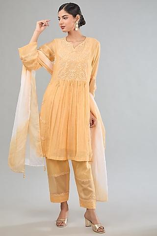 yellow mul chanderi machine embroidered kurta set