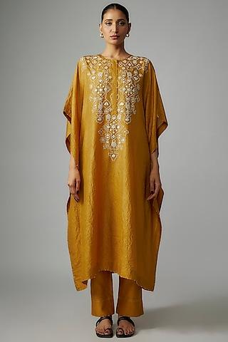 yellow mulberry silk mirror embroidered kaftan set