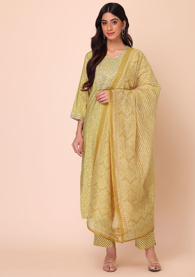 yellow muslin kurta with pants and dupatta (set of 3)