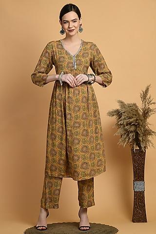 yellow muslin printed & embellished kurta set