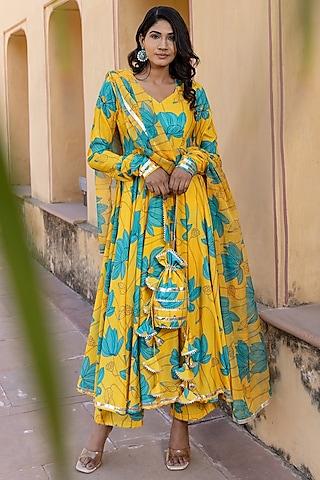 yellow muslin printed & gota patti work anarkali set