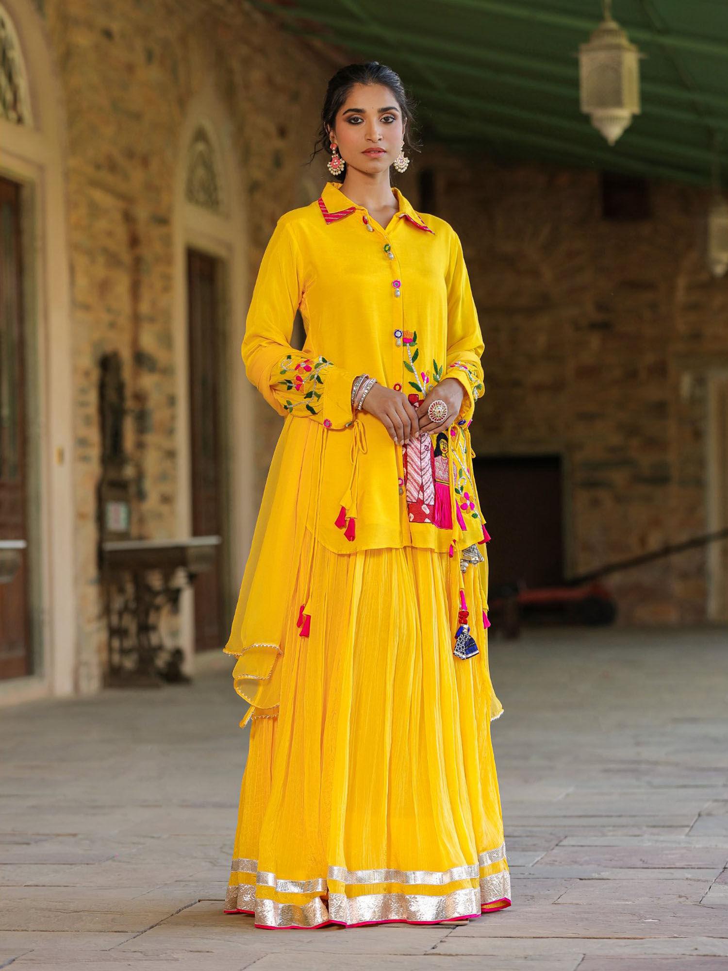 yellow muslin silk raja-rani shirt kurta with tabby crushed lehenga & dupatta (set of 3)