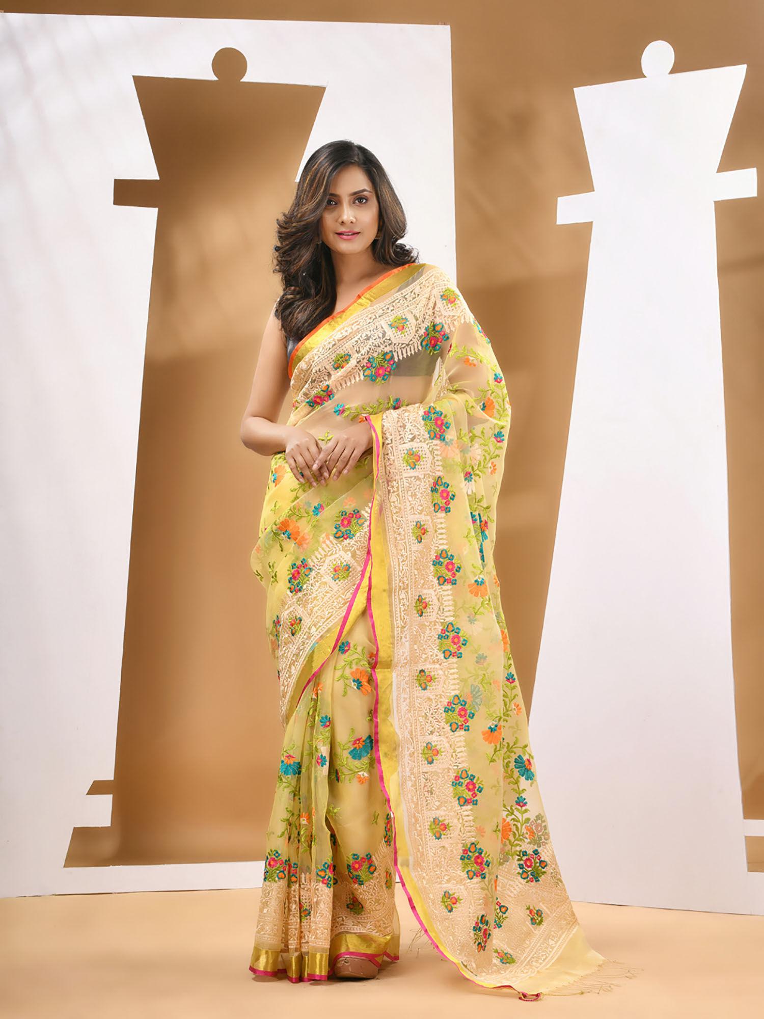 yellow muslin soft thread embroidery work saree with unstitched blouse