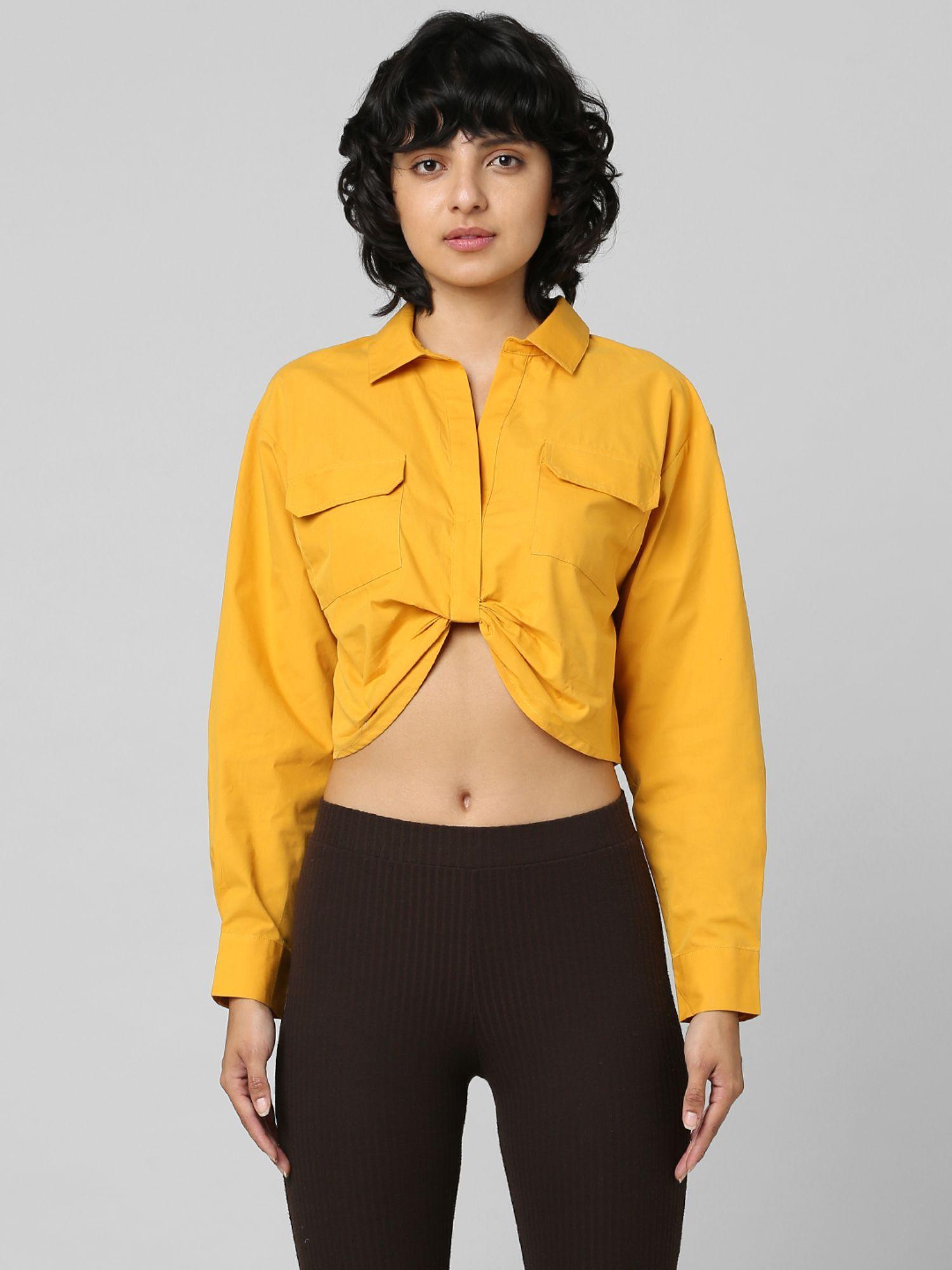 yellow mustard front knot cropped shirt