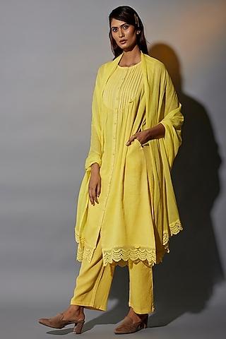 yellow natural dyed cotton blend handblock printed tunic set