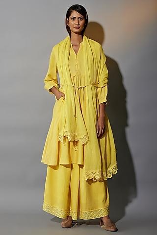yellow natural dyed cotton blend handblock printed tunic set