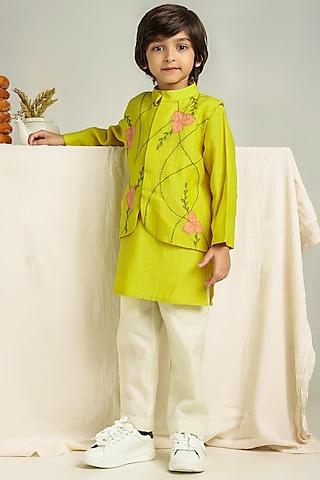 yellow nehru jacket with kurta set for boys