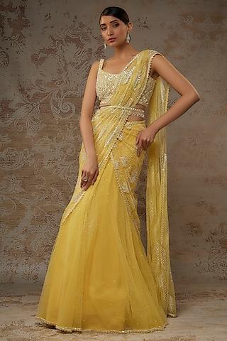 yellow net cutdana embroidered pre-draped lehenga saree set