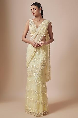 yellow net cutdana hand embellished saree set