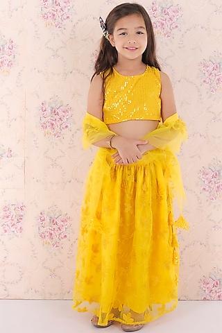 yellow net embroidered lehenga set for girls
