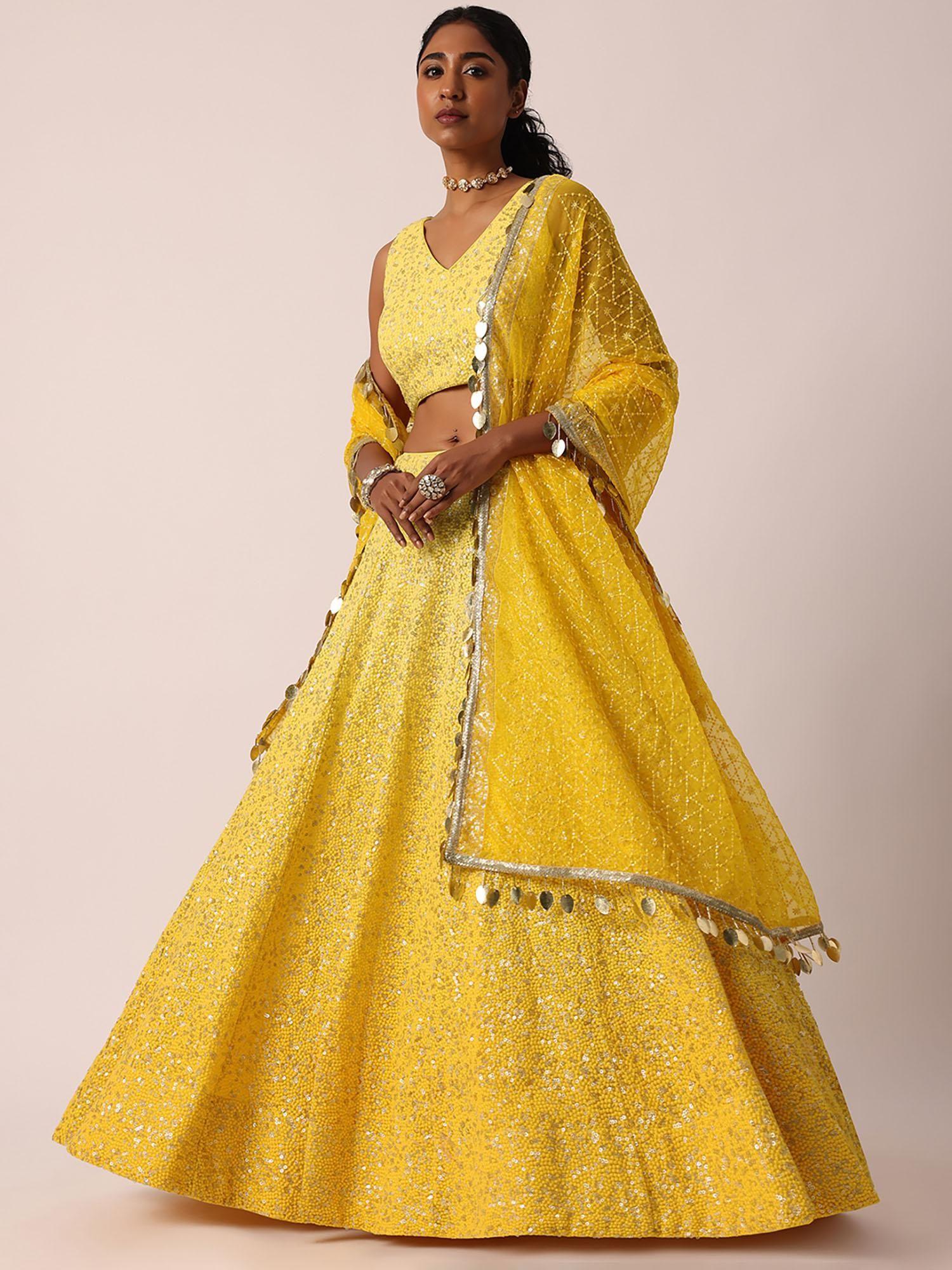 yellow net lehenga with lucknowi work choli and dupatta (set of 3)