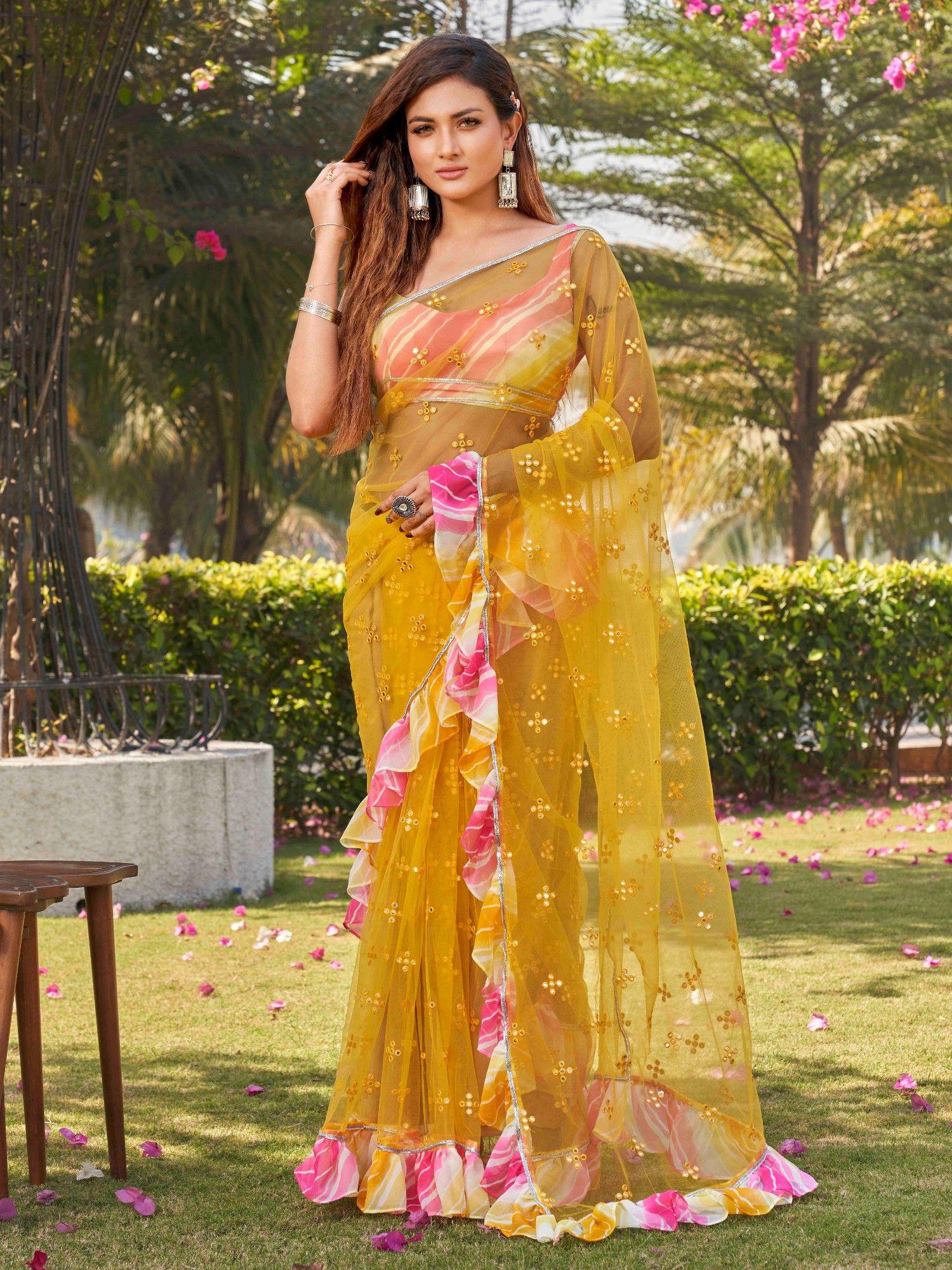 yellow net ruffle and faux mirror work saree with unstitched blouse