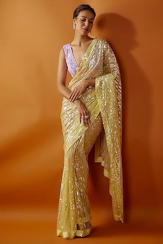yellow net tikki embroidered saree set
