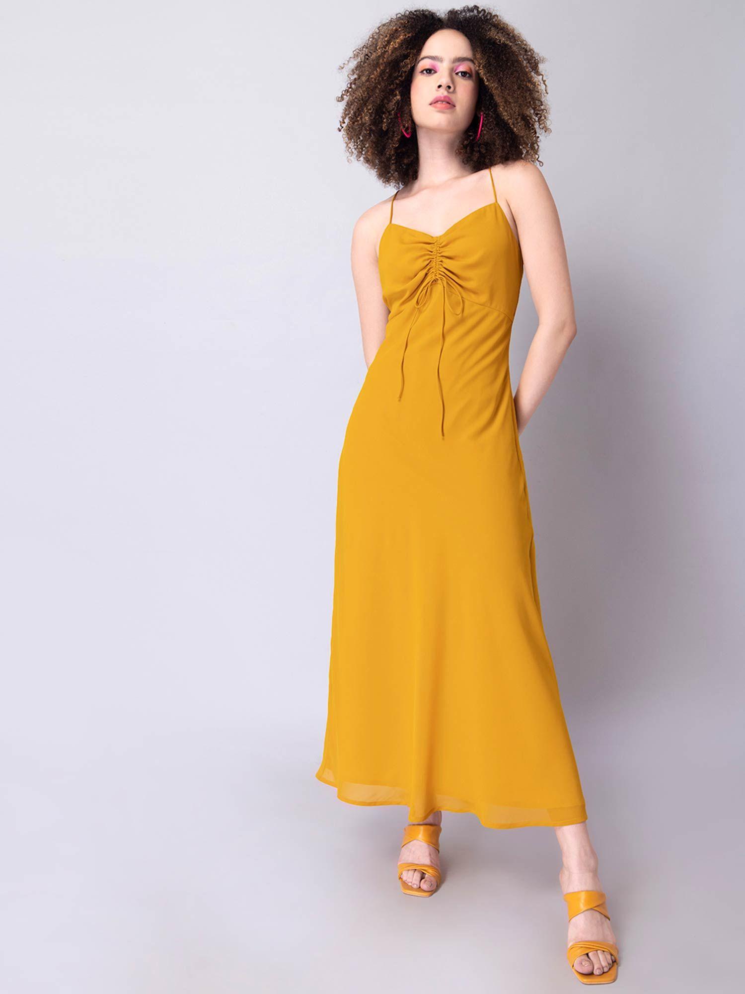 yellow noodle strap ruched maxi dress