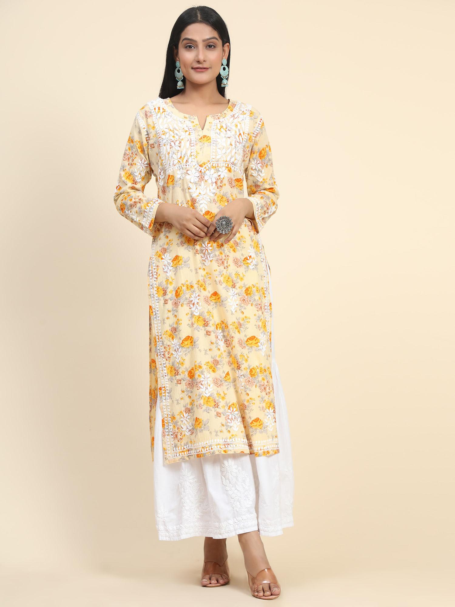 yellow noor floral printed embroidered kurta