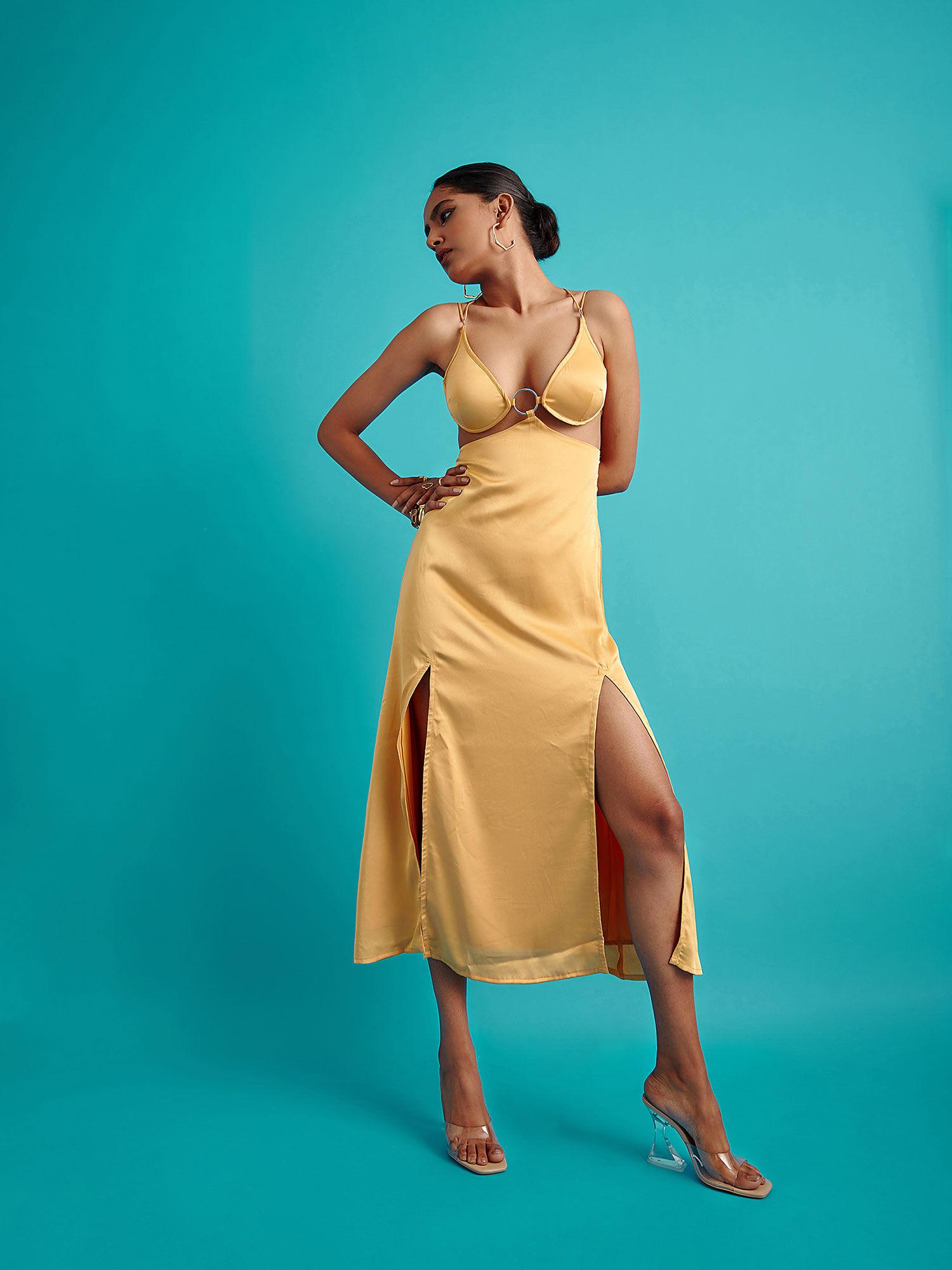 yellow o-ring satin slip midi dress