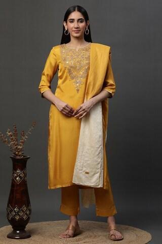 yellow ochre embroidered ethnic 3/4th sleeves round neck women regular fit pant kurta dupatta set