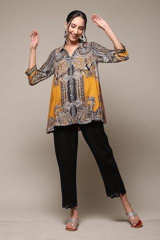 yellow ochre print casual 3/4th sleeves regular collar women straight fit shirt