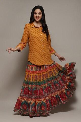 yellow ochre print casual 3/4th sleeves regular collar women straight fit skirt kurta set